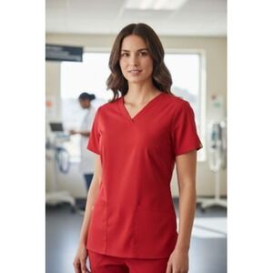 WonderWink Scrub‎ Top Women's Medium Red V Neck 2 Pocket Nursing Uniform Medical